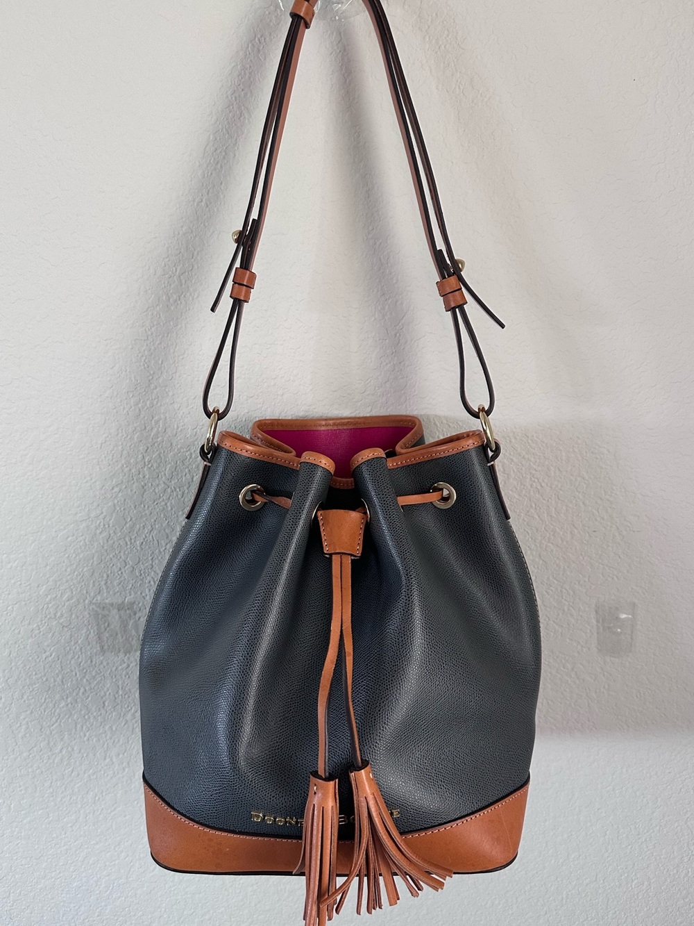 Dooney & Bourke Black & Tan Leather Drawstring Hobo with Chevron Pink Liner